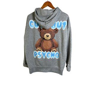 Birch & Stone “Cute But Psycho” Zip Up Teddy Bear Hoodie Sweater Gray Size S